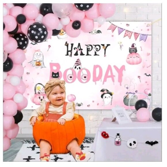 MEHOFOND Halloween Happy Birthday Backdrop for Girls Pink Happy Booday - Picture 4 of 8